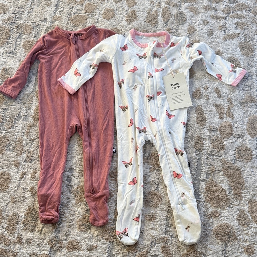 Kids One Piece Pajamas - butterfly Pink and White